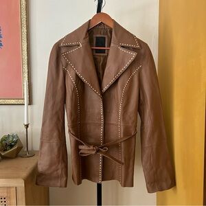 Vintage G Collection Genuine Leather Moto Jacket Contrast Stitch Belt Camel Tan